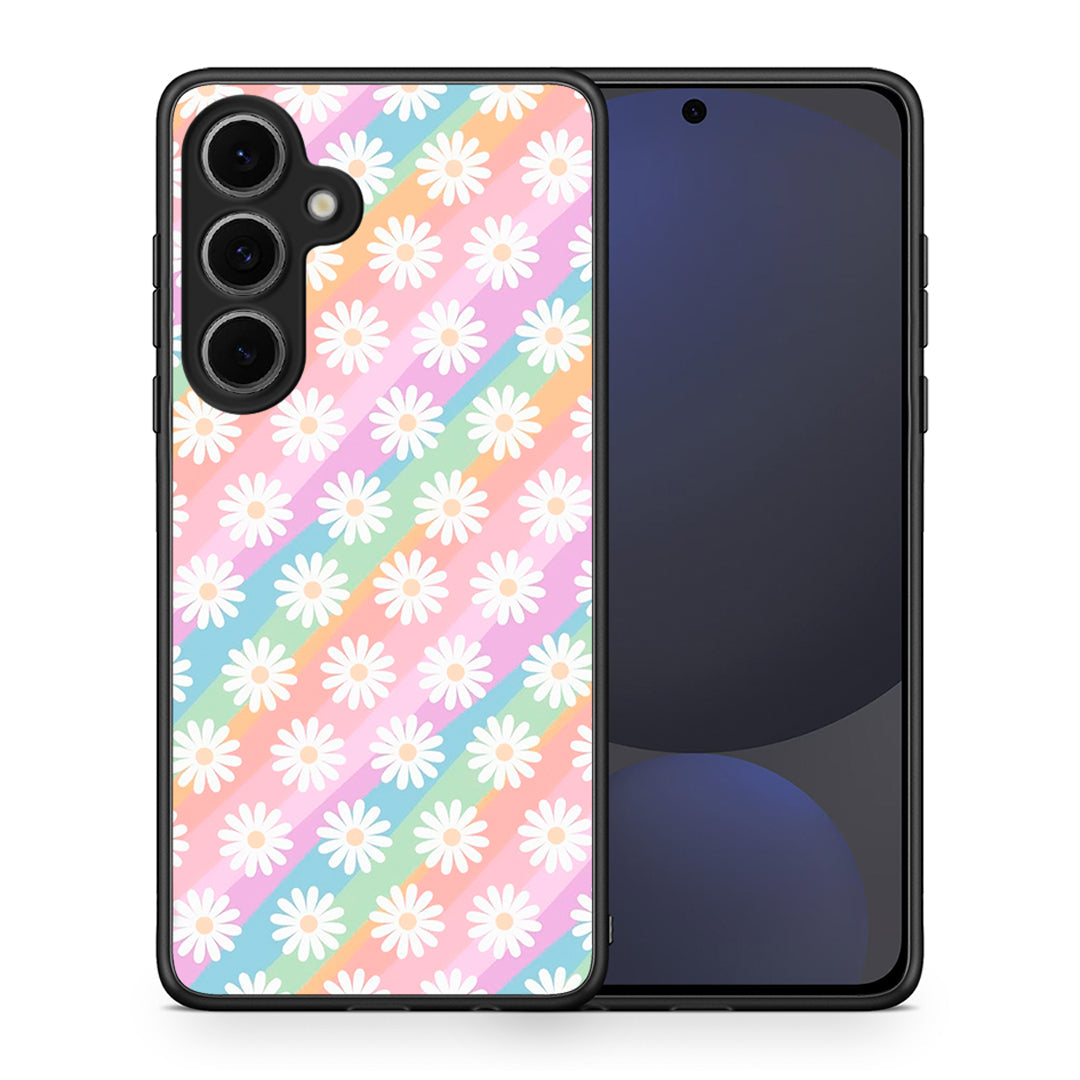 Θήκη Samsung Galaxy S24 FE White Daisies από τη Smartfits με σχέδιο στο πίσω μέρος και μαύρο περίβλημα | Samsung Galaxy S24 FE White Daisies case with colorful back and black bezels