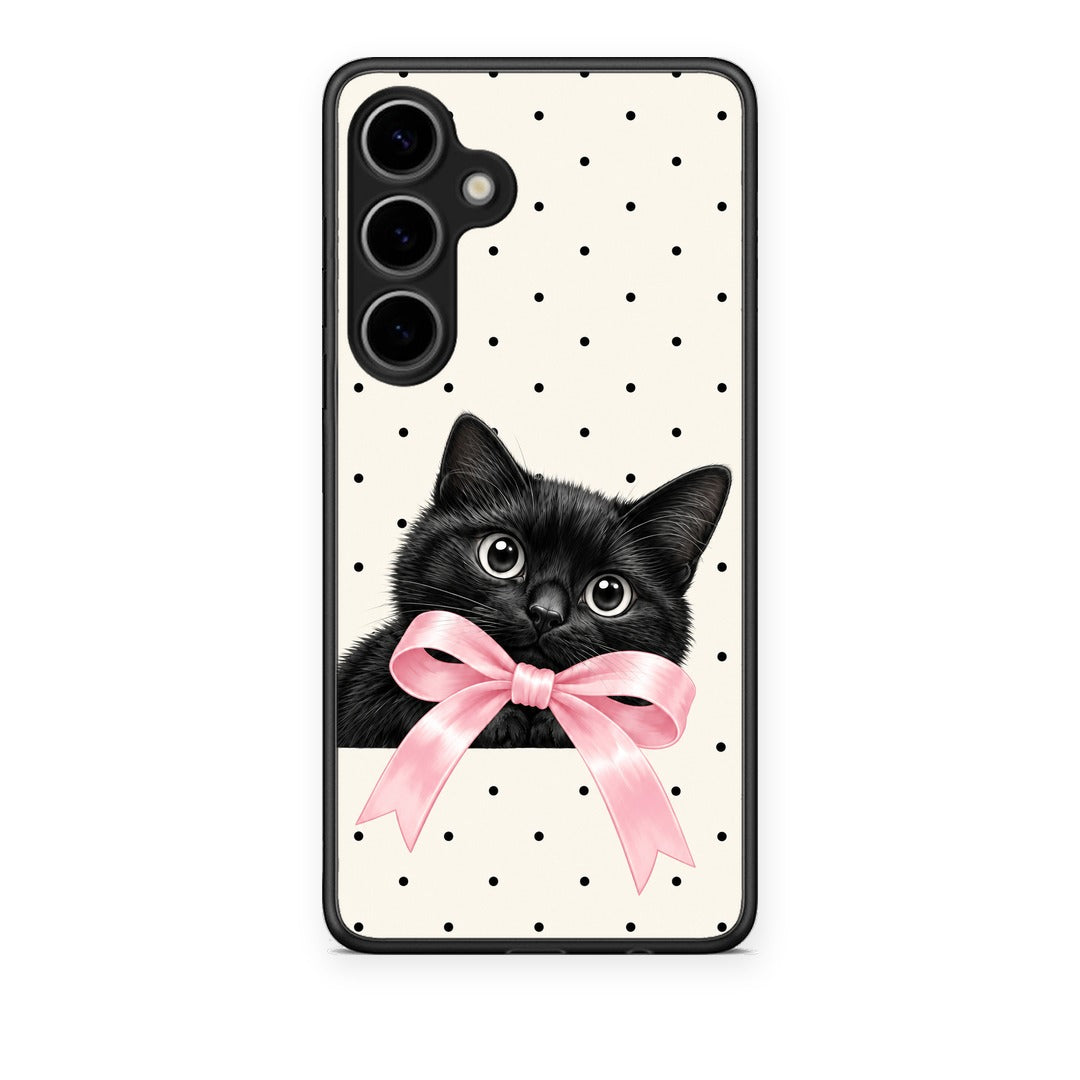 Θήκη Samsung Galaxy S24 Plus Black Kitten Pink Bow and Polka Dots από τη Smartfits με σχέδιο στο πίσω μέρος και μαύρο περίβλημα | Samsung Galaxy S24 Plus Black Kitten Pink Bow and Polka Dots case with colorful back and black bezels