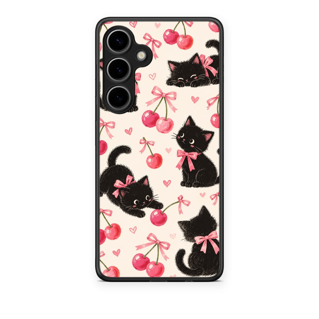 Θήκη Samsung Galaxy S24 Plus Black Kittens and Cherries on Cream από τη Smartfits με σχέδιο στο πίσω μέρος και μαύρο περίβλημα | Samsung Galaxy S24 Plus Black Kittens and Cherries on Cream case with colorful back and black bezels