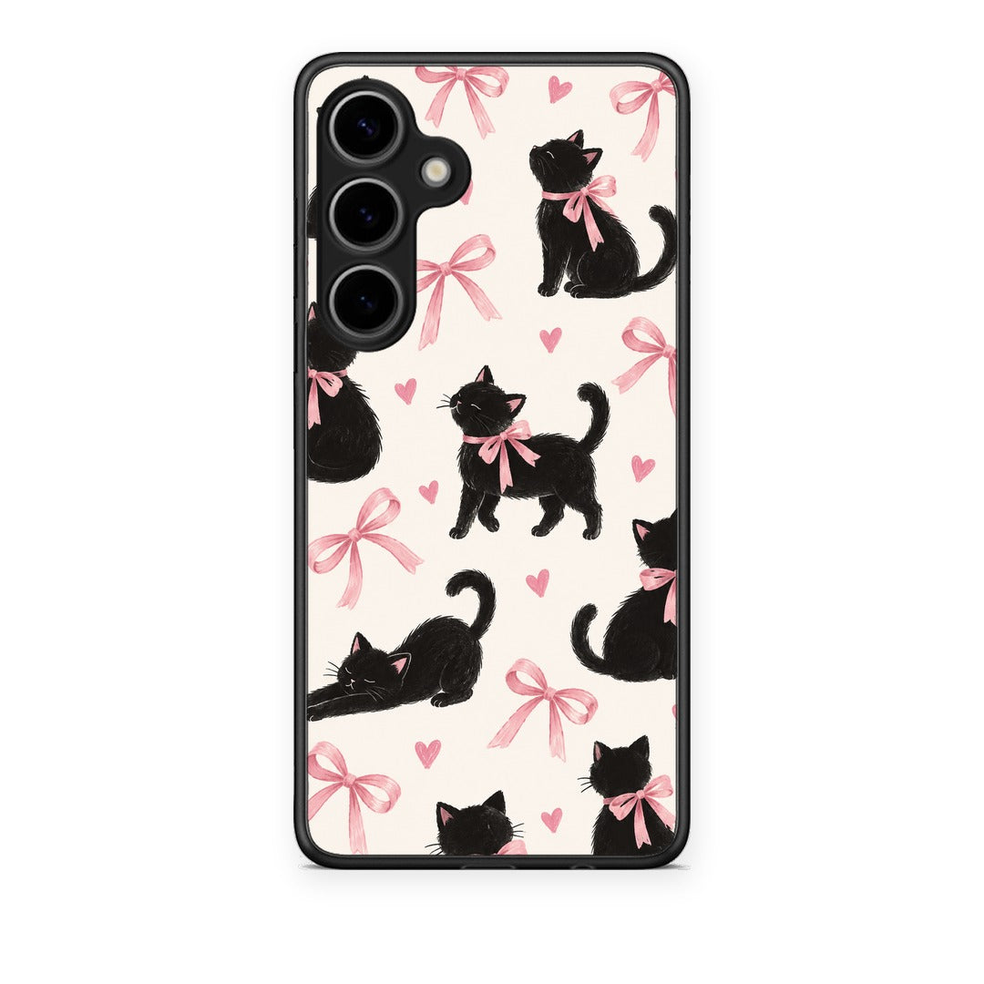 Θήκη Samsung Galaxy S24 Plus Black Kittens and Pink Bows on Cream Large από τη Smartfits με σχέδιο στο πίσω μέρος και μαύρο περίβλημα | Samsung Galaxy S24 Plus Black Kittens and Pink Bows on Cream Large case with colorful back and black bezels