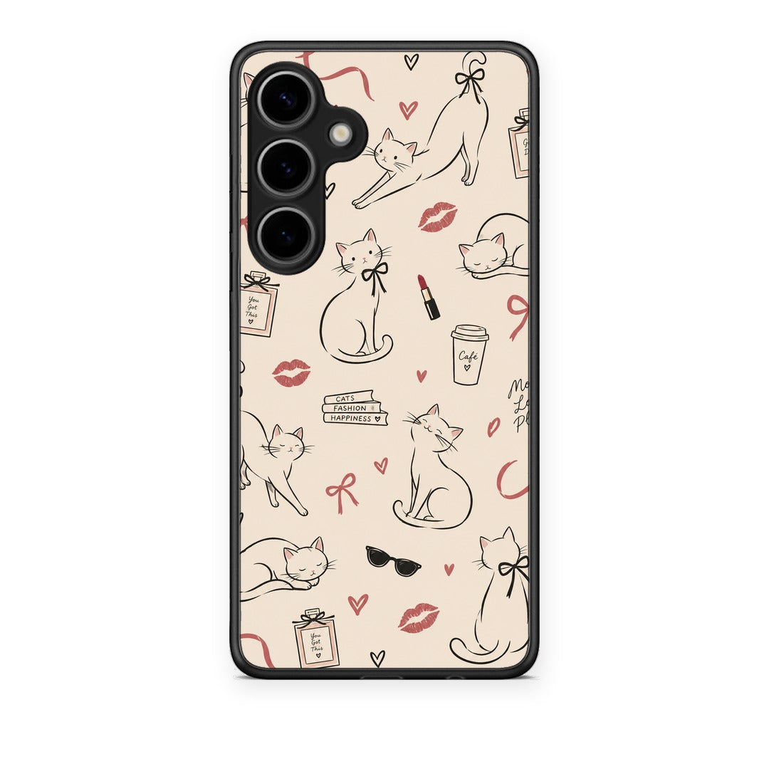 Θήκη Samsung Galaxy S24 Plus Minimal Cat and Fashion Doodles on Cream από τη Smartfits με σχέδιο στο πίσω μέρος και μαύρο περίβλημα | Samsung Galaxy S24 Plus Minimal Cat and Fashion Doodles on Cream case with colorful back and black bezels