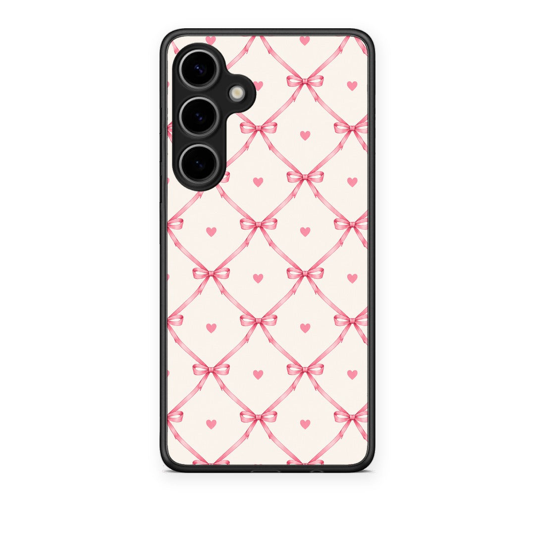 Θήκη Samsung Galaxy S24 Plus Pink Bow Lattice and Hearts on Cream από τη Smartfits με σχέδιο στο πίσω μέρος και μαύρο περίβλημα | Samsung Galaxy S24 Plus Pink Bow Lattice and Hearts on Cream case with colorful back and black bezels