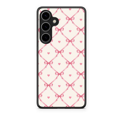 Θήκη Samsung Galaxy S24 Plus Pink Bow Lattice and Hearts on Cream από τη Smartfits με σχέδιο στο πίσω μέρος και μαύρο περίβλημα | Samsung Galaxy S24 Plus Pink Bow Lattice and Hearts on Cream case with colorful back and black bezels