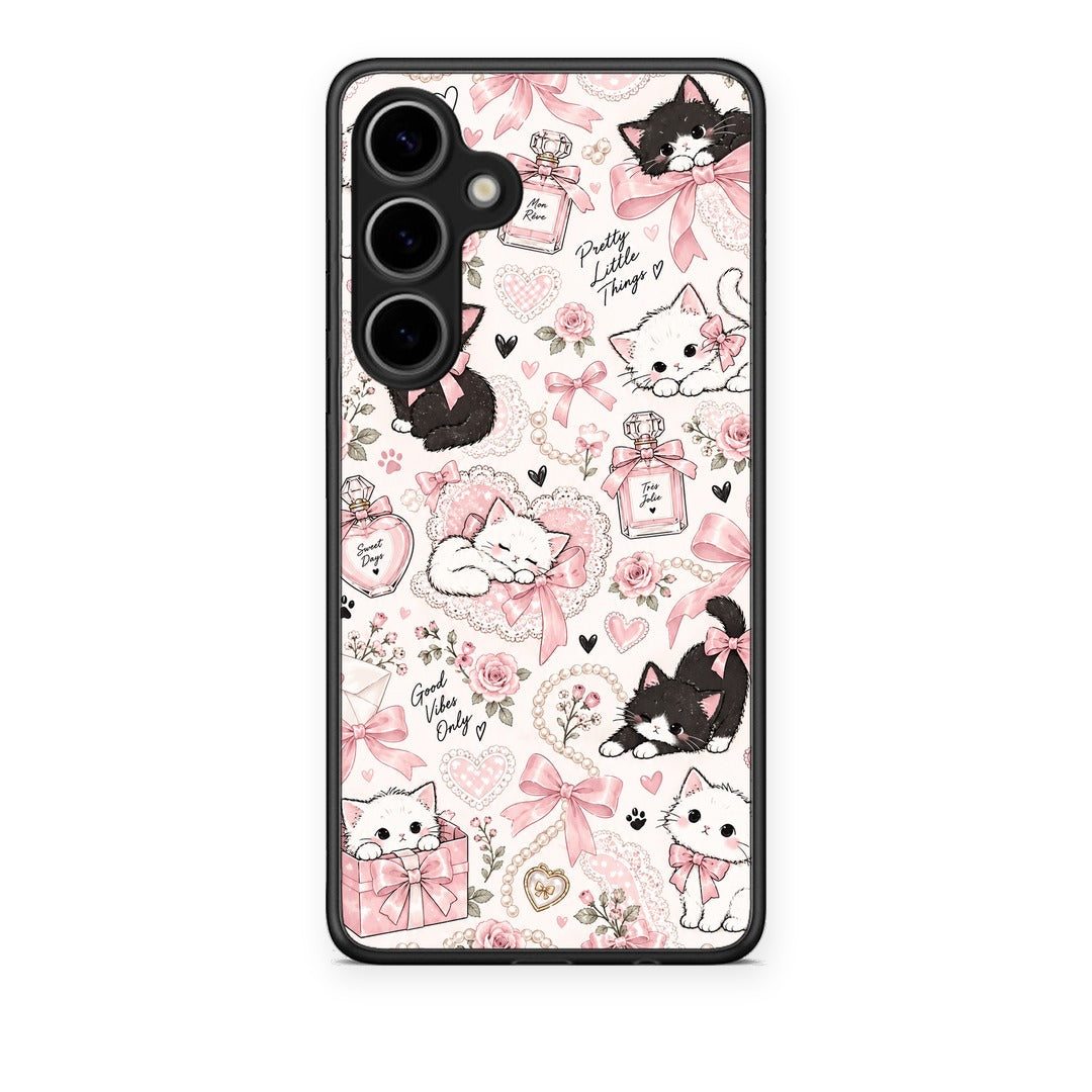 Θήκη Samsung Galaxy S24 Plus Pink Bows and Kittens Collage από τη Smartfits με σχέδιο στο πίσω μέρος και μαύρο περίβλημα | Samsung Galaxy S24 Plus Pink Bows and Kittens Collage case with colorful back and black bezels