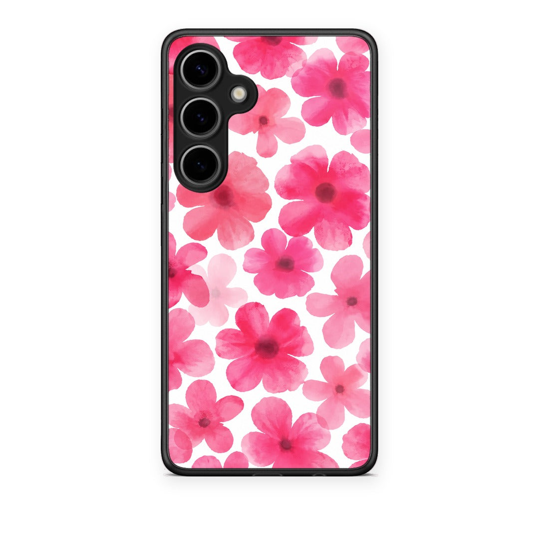 Θήκη Samsung Galaxy S24 Plus Pink Watercolour Flowers on White από τη Smartfits με σχέδιο στο πίσω μέρος και μαύρο περίβλημα | Samsung Galaxy S24 Plus Pink Watercolour Flowers on White case with colorful back and black bezels