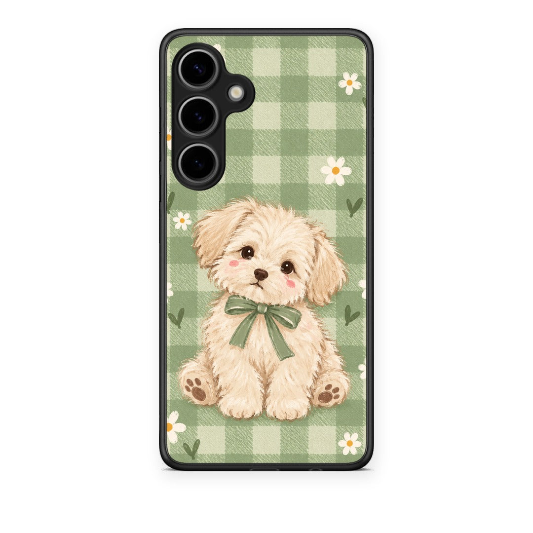 Θήκη Samsung Galaxy S24 Plus Puppy and Daisies on Sage Gingham από τη Smartfits με σχέδιο στο πίσω μέρος και μαύρο περίβλημα | Samsung Galaxy S24 Plus Puppy and Daisies on Sage Gingham case with colorful back and black bezels