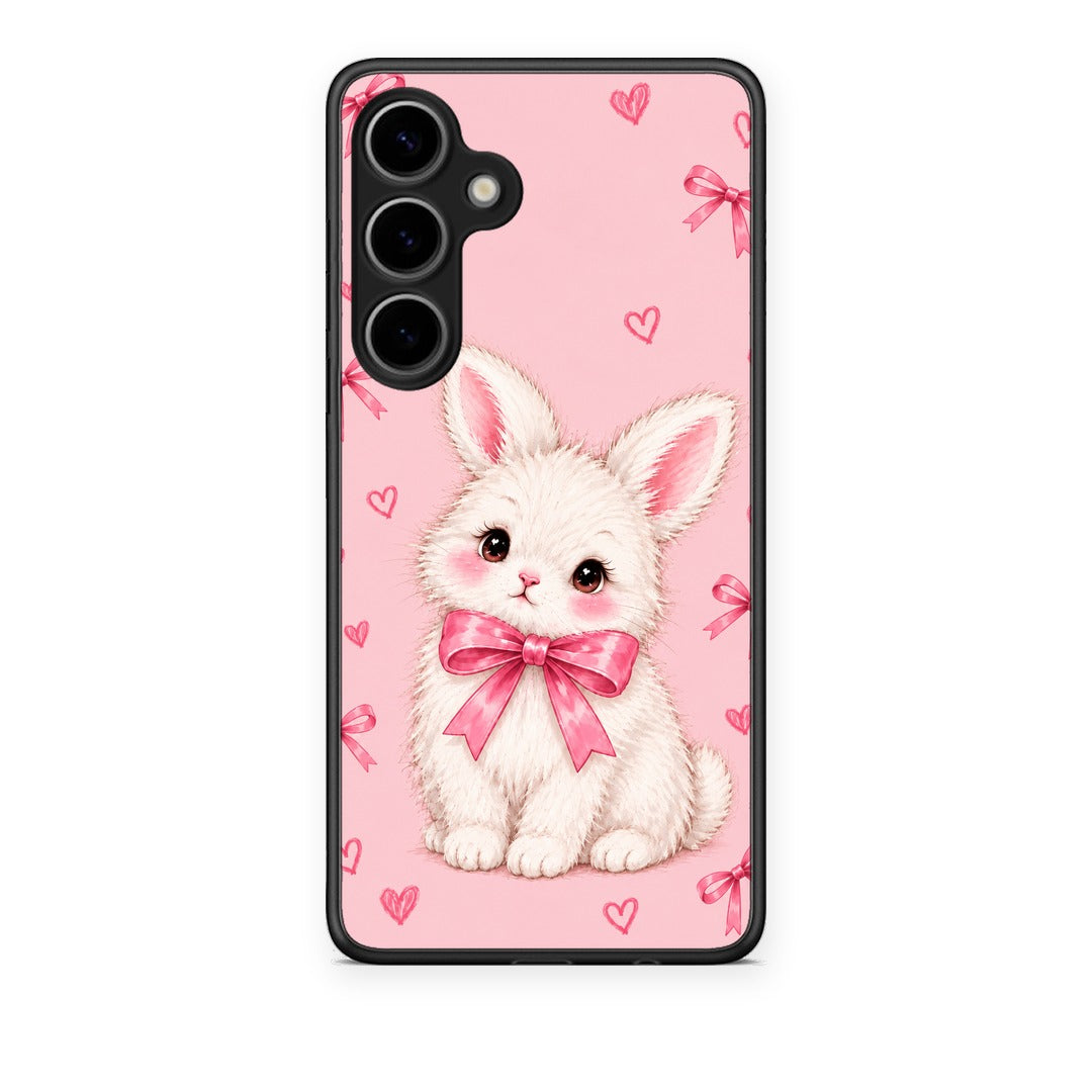Θήκη Samsung Galaxy S24 Plus White Bunny and Pink Bows από τη Smartfits με σχέδιο στο πίσω μέρος και μαύρο περίβλημα | Samsung Galaxy S24 Plus White Bunny and Pink Bows case with colorful back and black bezels