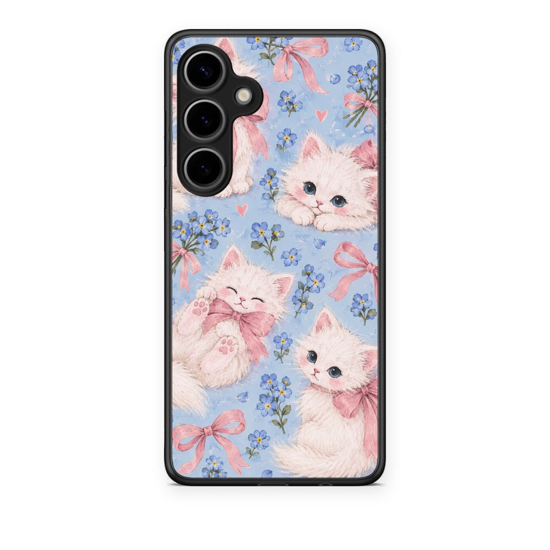 Θήκη Samsung Galaxy S24 Plus White Kittens and Blue Flowers Large από τη Smartfits με σχέδιο στο πίσω μέρος και μαύρο περίβλημα | Samsung Galaxy S24 Plus White Kittens and Blue Flowers Large case with colorful back and black bezels