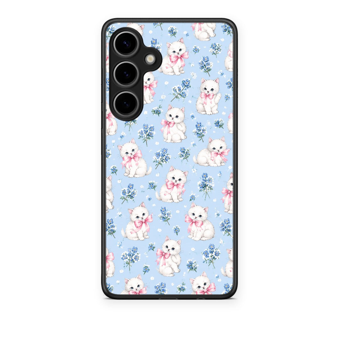 Θήκη Samsung Galaxy S24 Plus White Kittens and Blue Flowers Small από τη Smartfits με σχέδιο στο πίσω μέρος και μαύρο περίβλημα | Samsung Galaxy S24 Plus White Kittens and Blue Flowers Small case with colorful back and black bezels