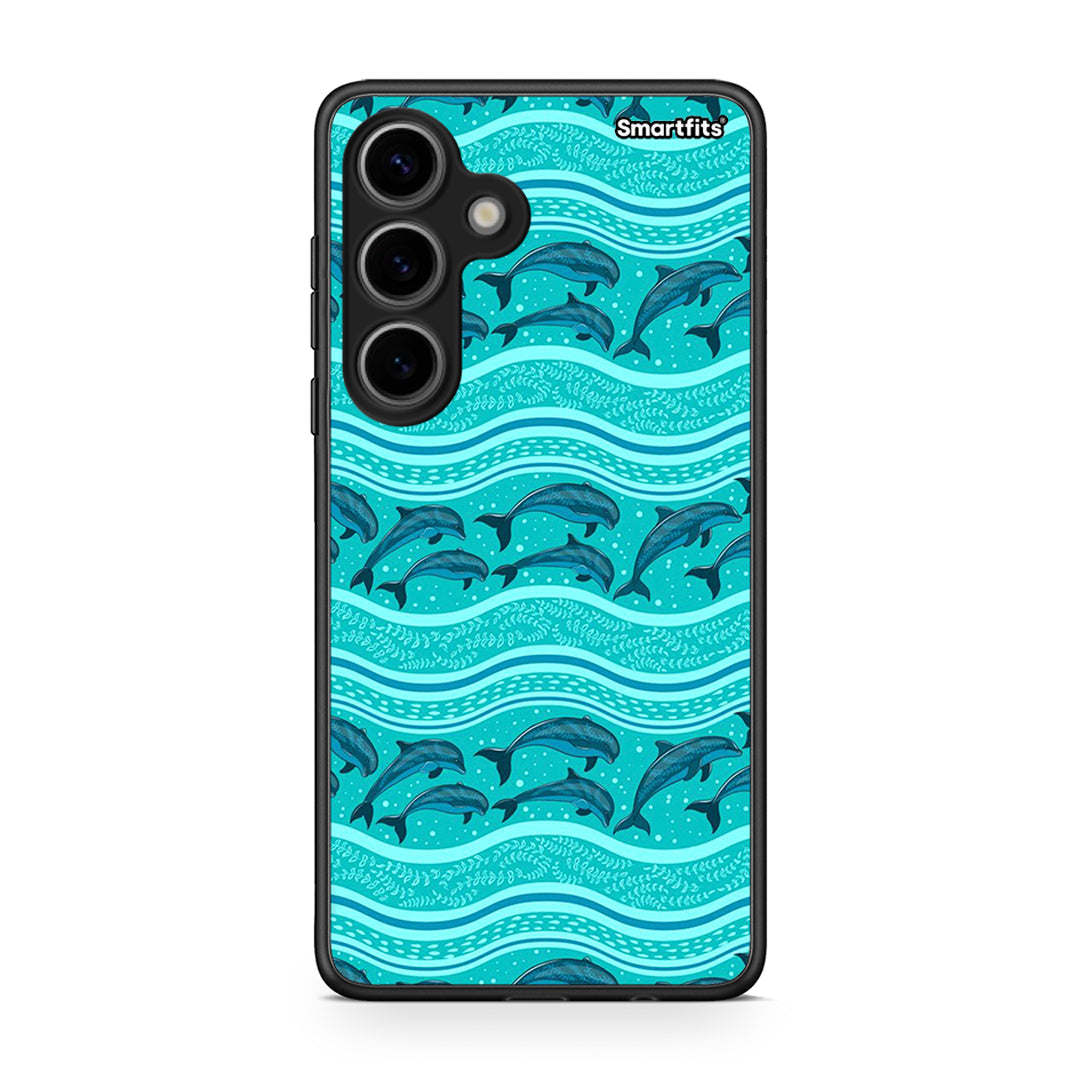 Samsung Galaxy S24 Swimming Dolphins θήκη από τη Smartfits με σχέδιο στο πίσω μέρος και μαύρο περίβλημα | Smartphone case with colorful back and black bezels by Smartfits