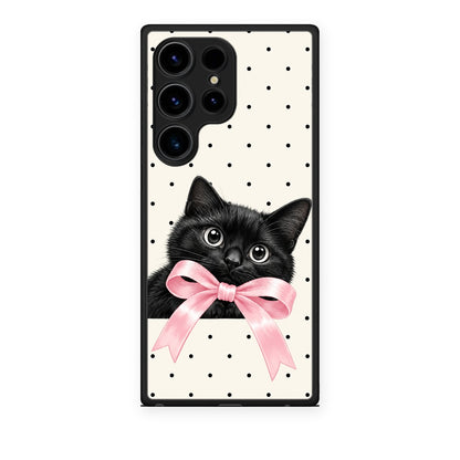Θήκη Samsung Galaxy S24 Ultra Black Kitten Pink Bow and Polka Dots από τη Smartfits με σχέδιο στο πίσω μέρος και μαύρο περίβλημα | Samsung Galaxy S24 Ultra Black Kitten Pink Bow and Polka Dots case with colorful back and black bezels