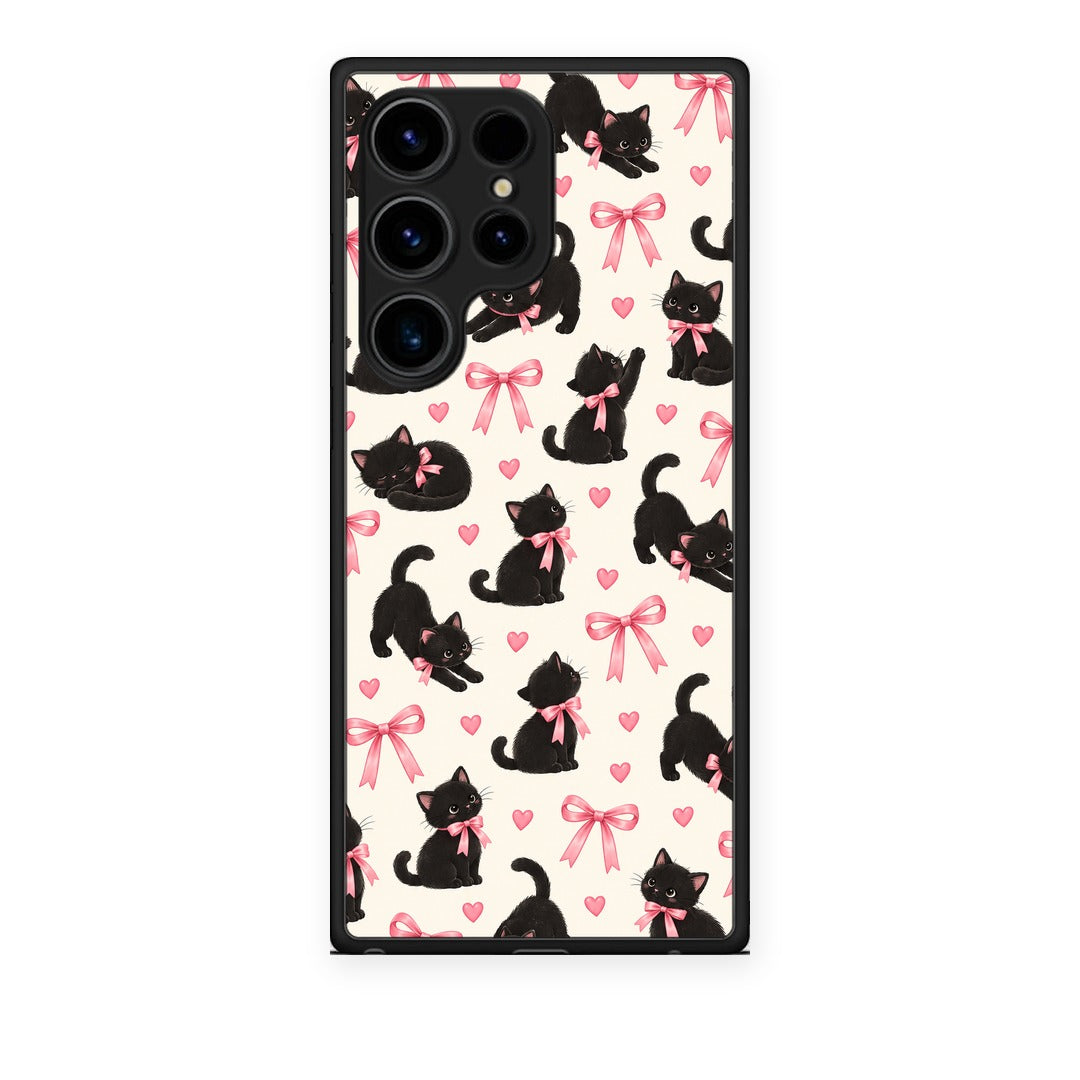 Θήκη Samsung Galaxy S24 Ultra Black Kittens and Pink Bows on Cream Small από τη Smartfits με σχέδιο στο πίσω μέρος και μαύρο περίβλημα | Samsung Galaxy S24 Ultra Black Kittens and Pink Bows on Cream Small case with colorful back and black bezels