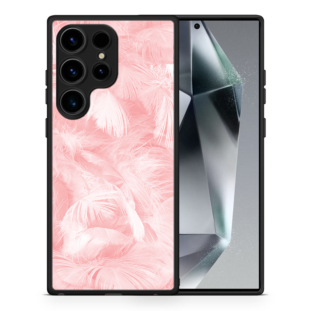 Θήκη Samsung Galaxy S24 Ultra Boho Pink Feather από τη Smartfits με σχέδιο στο πίσω μέρος και μαύρο περίβλημα | Samsung Galaxy S24 Ultra Boho Pink Feather Case with Colorful Back and Black Bezels