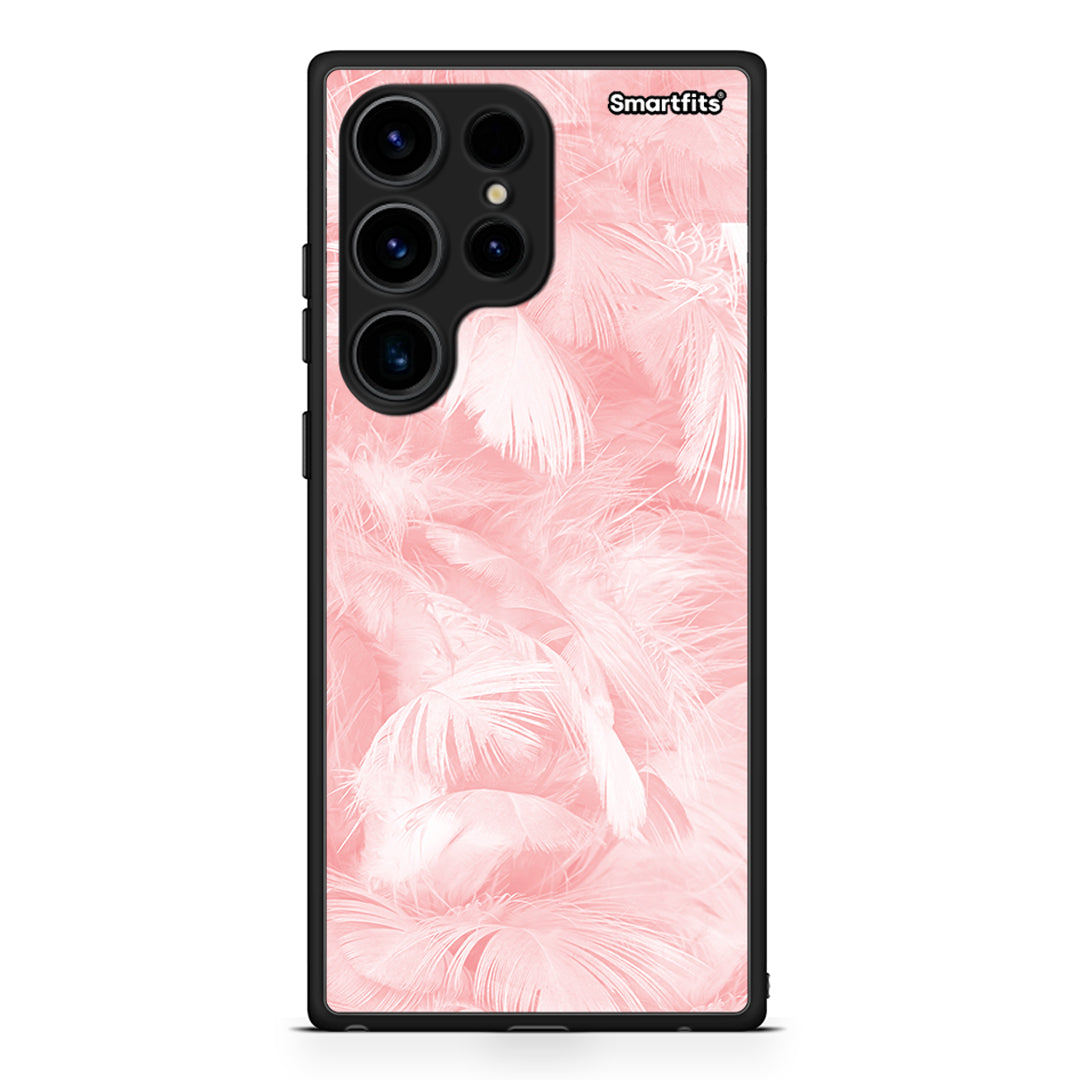 Θήκη Samsung Galaxy S24 Ultra Boho Pink Feather από τη Smartfits με σχέδιο στο πίσω μέρος και μαύρο περίβλημα | Samsung Galaxy S24 Ultra Boho Pink Feather Case with Colorful Back and Black Bezels