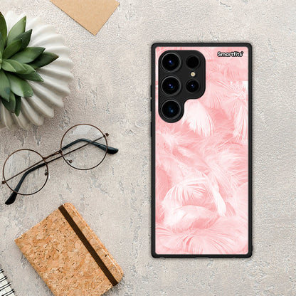 Θήκη Samsung Galaxy S24 Ultra Boho Pink Feather από τη Smartfits με σχέδιο στο πίσω μέρος και μαύρο περίβλημα | Samsung Galaxy S24 Ultra Boho Pink Feather Case with Colorful Back and Black Bezels