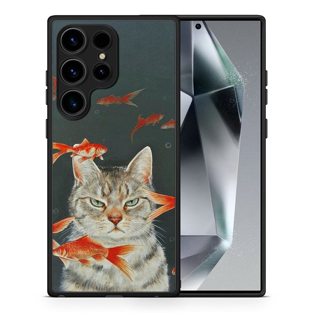 Θήκη Samsung Galaxy S24 Ultra Cat Goldfish από τη Smartfits με σχέδιο στο πίσω μέρος και μαύρο περίβλημα | Samsung Galaxy S24 Ultra Cat Goldfish Case with Colorful Back and Black Bezels