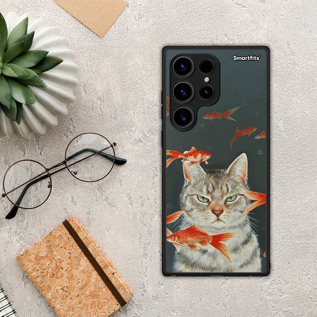 Θήκη Samsung Galaxy S24 Ultra Cat Goldfish από τη Smartfits με σχέδιο στο πίσω μέρος και μαύρο περίβλημα | Samsung Galaxy S24 Ultra Cat Goldfish Case with Colorful Back and Black Bezels