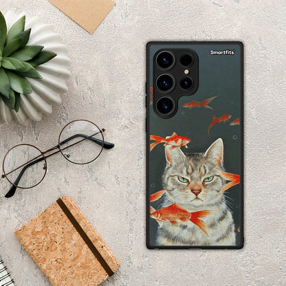 Θήκη Samsung Galaxy S24 Ultra Cat Goldfish από τη Smartfits με σχέδιο στο πίσω μέρος και μαύρο περίβλημα | Samsung Galaxy S24 Ultra Cat Goldfish Case with Colorful Back and Black Bezels