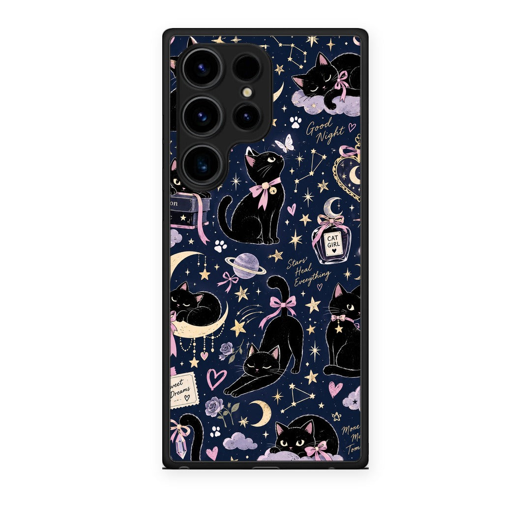 Θήκη Samsung Galaxy S24 Ultra Celestial Black Cats on Navy από τη Smartfits με σχέδιο στο πίσω μέρος και μαύρο περίβλημα | Samsung Galaxy S24 Ultra Celestial Black Cats on Navy case with colorful back and black bezels