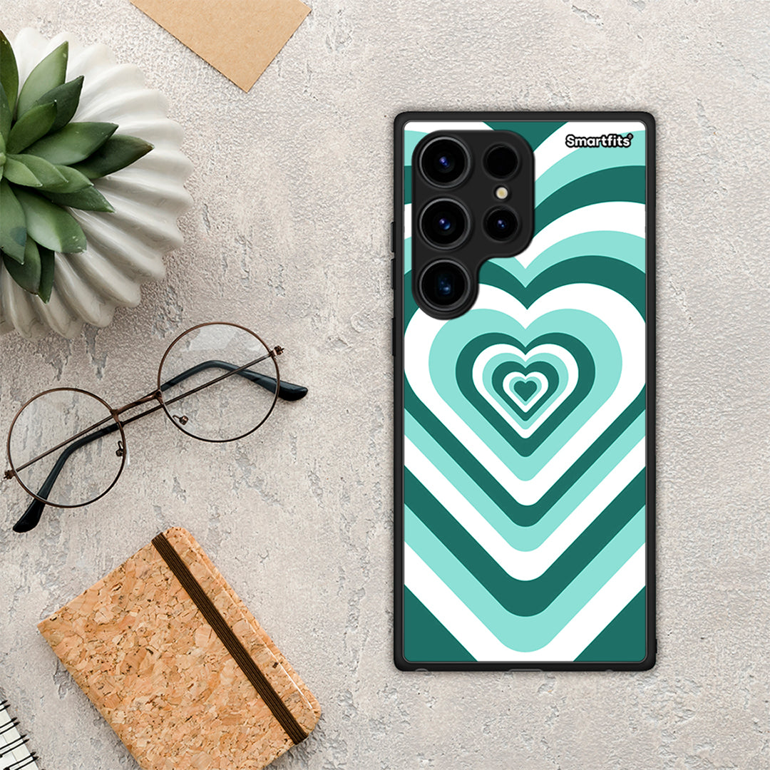 Θήκη Samsung Galaxy S24 Ultra Green Hearts από τη Smartfits με σχέδιο στο πίσω μέρος και μαύρο περίβλημα | Samsung Galaxy S24 Ultra Green Hearts Case with Colorful Back and Black Bezels