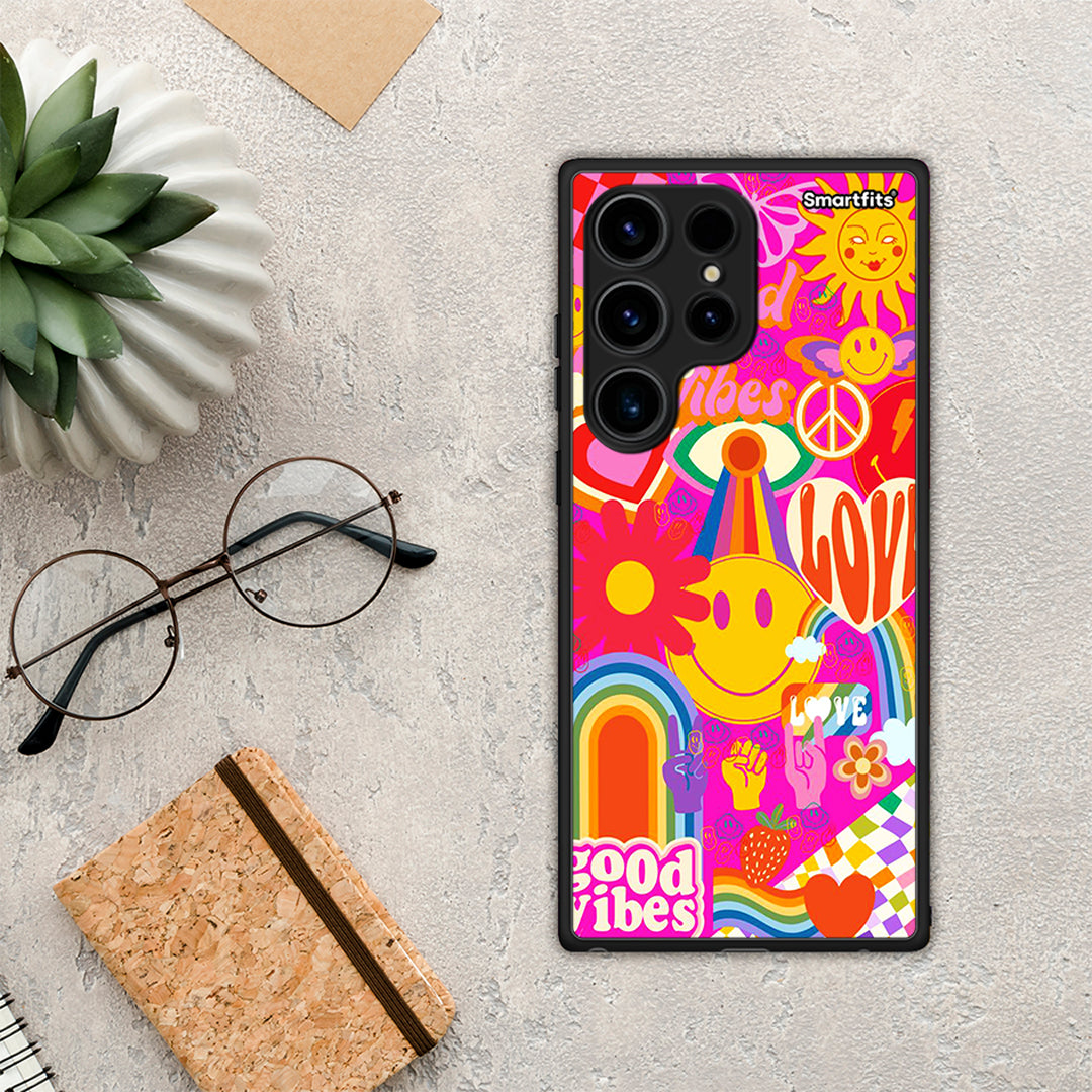 Θήκη Samsung Galaxy S24 Ultra Hippie Love από τη Smartfits με σχέδιο στο πίσω μέρος και μαύρο περίβλημα | Samsung Galaxy S24 Ultra Hippie Love Case with Colorful Back and Black Bezels