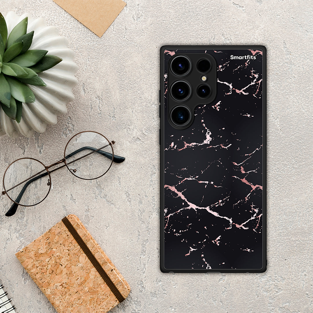 Θήκη Samsung Galaxy S24 Ultra Marble Black Rosegold από τη Smartfits με σχέδιο στο πίσω μέρος και μαύρο περίβλημα | Samsung Galaxy S24 Ultra Marble Black Rosegold Case with Colorful Back and Black Bezels