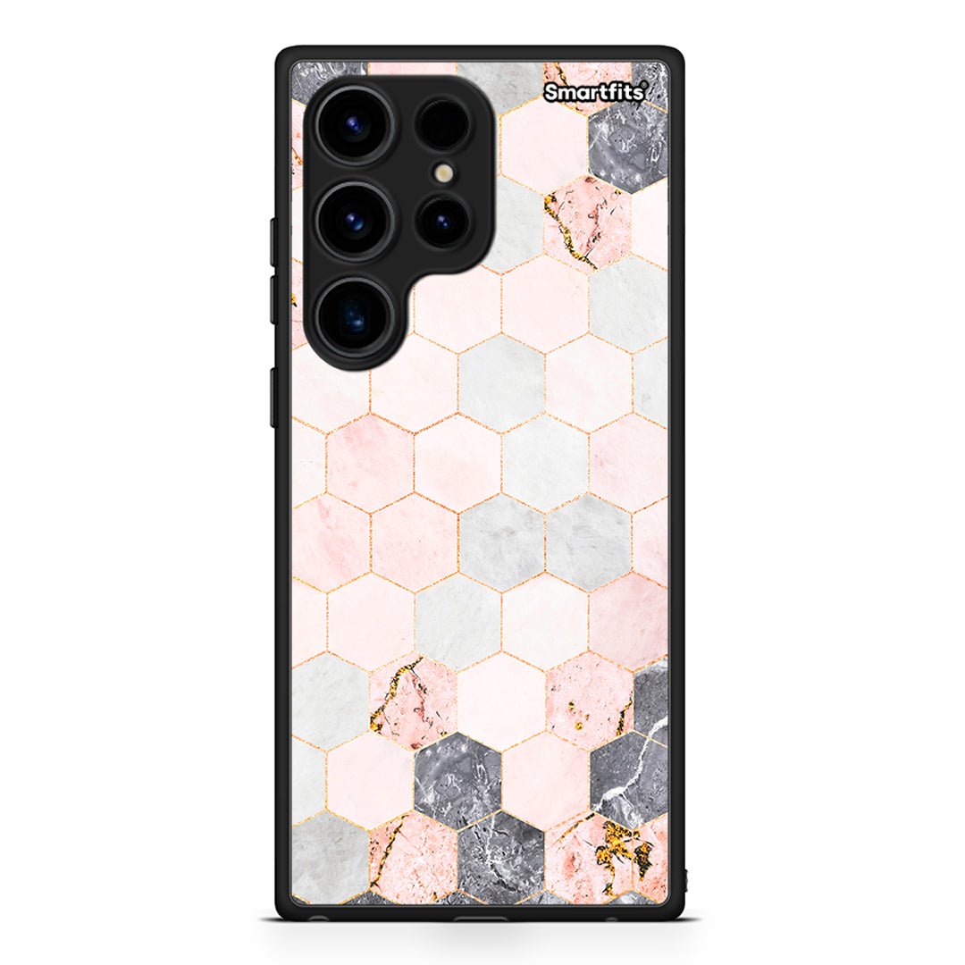 Θήκη Samsung Galaxy S24 Ultra Marble Hexagon Pink από τη Smartfits με σχέδιο στο πίσω μέρος και μαύρο περίβλημα | Samsung Galaxy S24 Ultra Marble Hexagon Pink Case with Colorful Back and Black Bezels