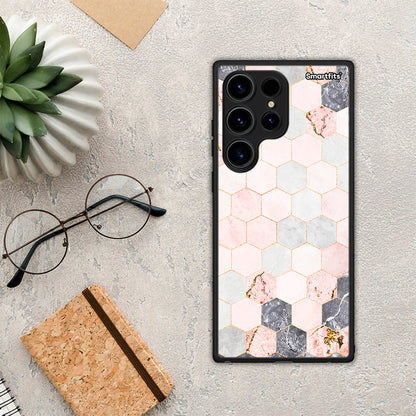 Θήκη Samsung Galaxy S24 Ultra Marble Hexagon Pink από τη Smartfits με σχέδιο στο πίσω μέρος και μαύρο περίβλημα | Samsung Galaxy S24 Ultra Marble Hexagon Pink Case with Colorful Back and Black Bezels