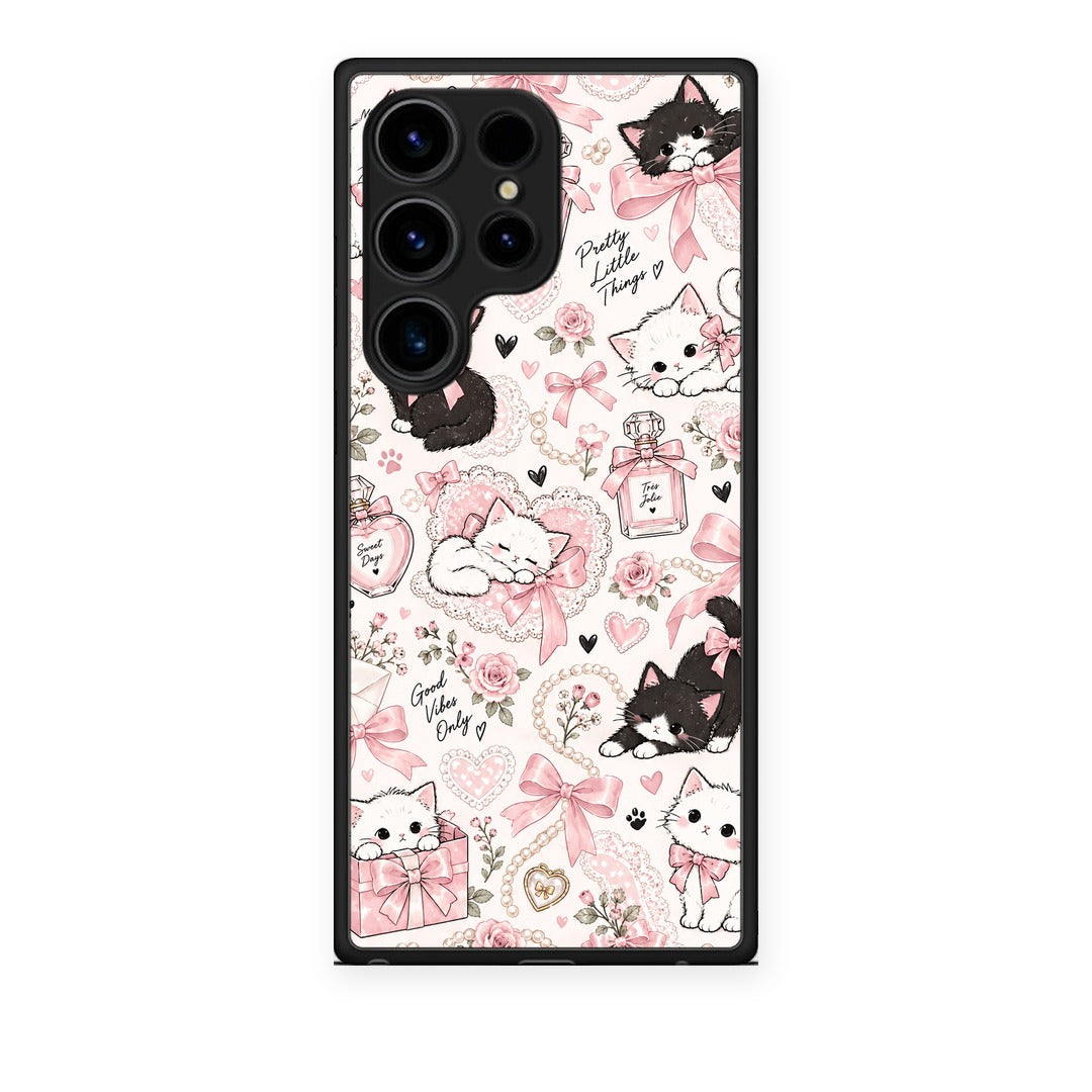 Θήκη Samsung Galaxy S24 Ultra Pink Bows and Kittens Collage από τη Smartfits με σχέδιο στο πίσω μέρος και μαύρο περίβλημα | Samsung Galaxy S24 Ultra Pink Bows and Kittens Collage case with colorful back and black bezels