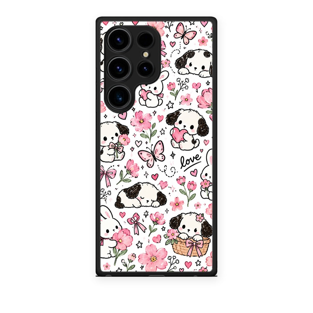 Θήκη Samsung Galaxy S24 Ultra Pink Florals Puppies and Bunnies on White από τη Smartfits με σχέδιο στο πίσω μέρος και μαύρο περίβλημα | Samsung Galaxy S24 Ultra Pink Florals Puppies and Bunnies on White case with colorful back and black bezels