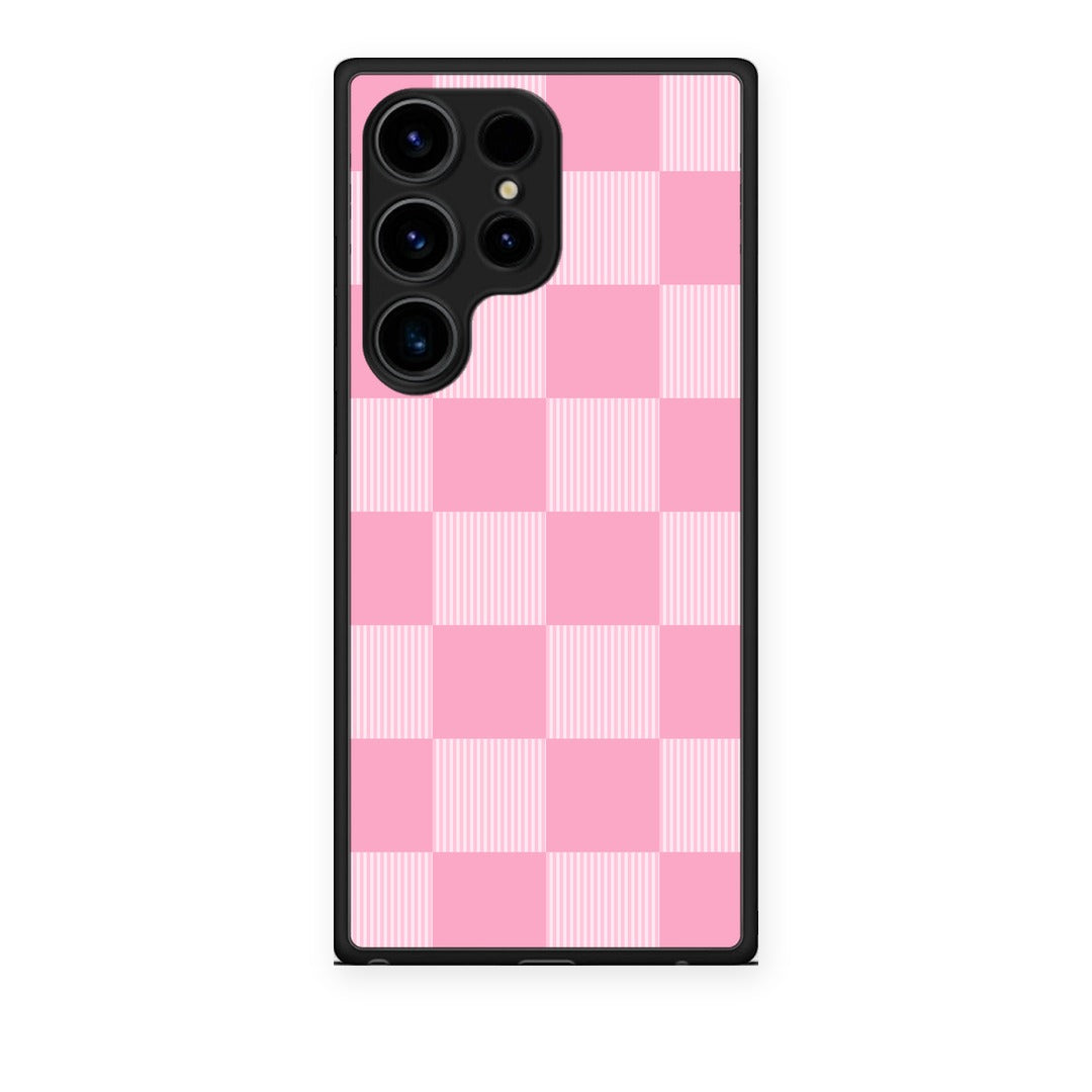 Θήκη Samsung Galaxy S24 Ultra Pink and White Striped Checks από τη Smartfits με σχέδιο στο πίσω μέρος και μαύρο περίβλημα | Samsung Galaxy S24 Ultra Pink and White Striped Checks case with colorful back and black bezels