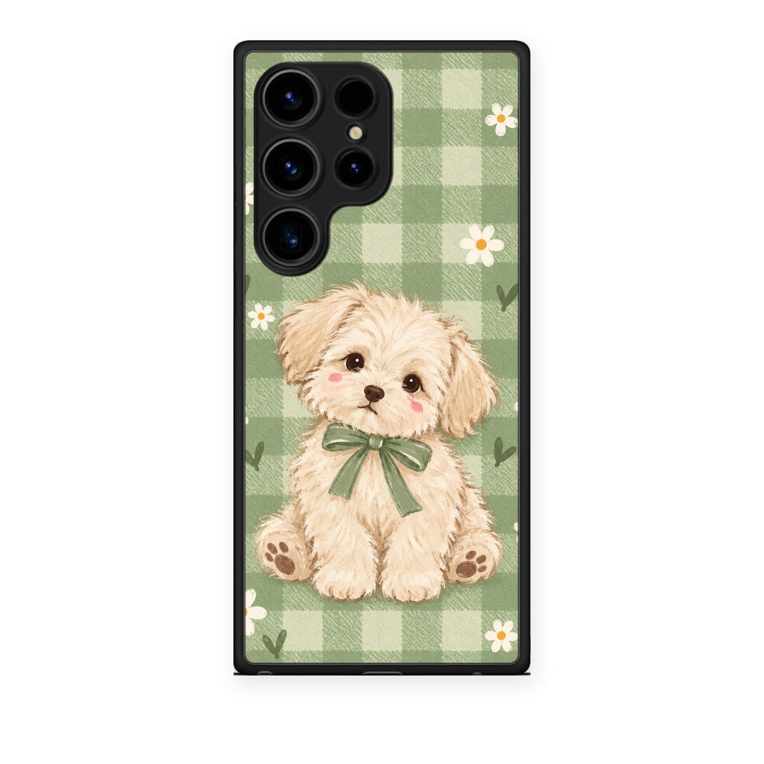 Θήκη Samsung Galaxy S24 Ultra Puppy and Daisies on Sage Gingham από τη Smartfits με σχέδιο στο πίσω μέρος και μαύρο περίβλημα | Samsung Galaxy S24 Ultra Puppy and Daisies on Sage Gingham case with colorful back and black bezels