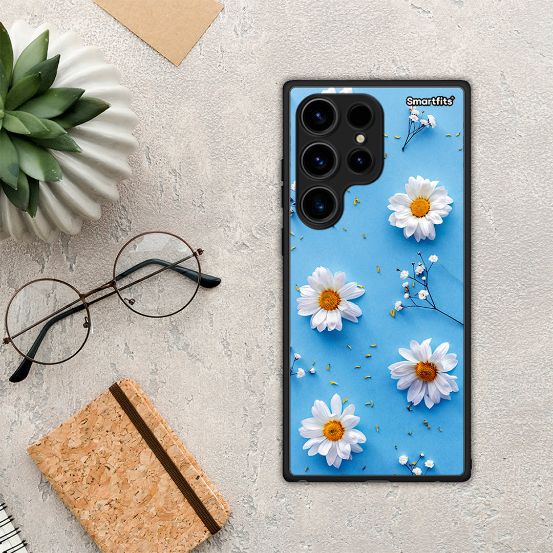 Θήκη Samsung Galaxy S24 Ultra Real Daisies από τη Smartfits με σχέδιο στο πίσω μέρος και μαύρο περίβλημα | Samsung Galaxy S24 Ultra Real Daisies Case with Colorful Back and Black Bezels
