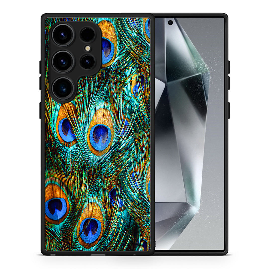 Θήκη Samsung Galaxy S24 Ultra Real Peacock Feathers από τη Smartfits με σχέδιο στο πίσω μέρος και μαύρο περίβλημα | Samsung Galaxy S24 Ultra Real Peacock Feathers Case with Colorful Back and Black Bezels