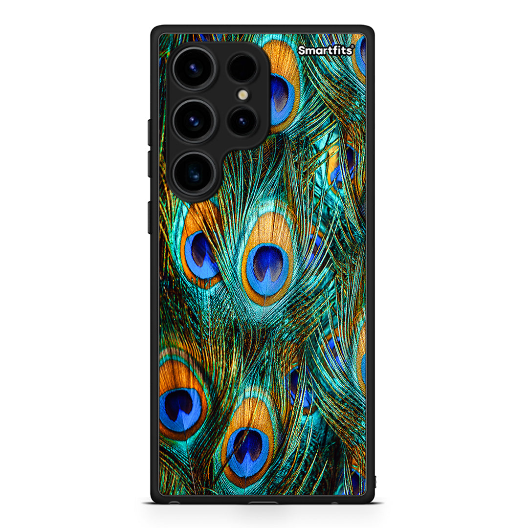 Θήκη Samsung Galaxy S24 Ultra Real Peacock Feathers από τη Smartfits με σχέδιο στο πίσω μέρος και μαύρο περίβλημα | Samsung Galaxy S24 Ultra Real Peacock Feathers Case with Colorful Back and Black Bezels