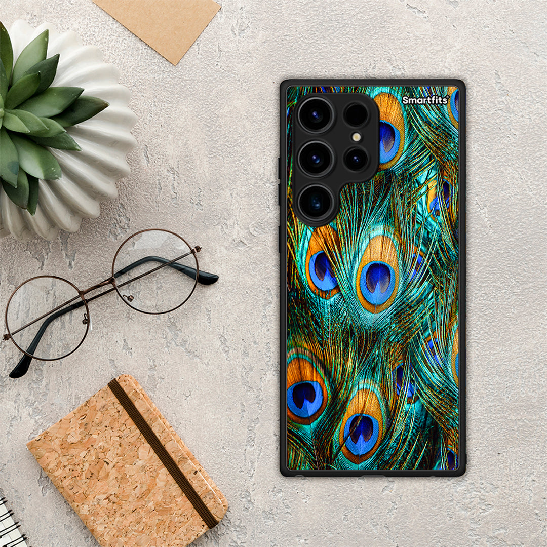 Θήκη Samsung Galaxy S24 Ultra Real Peacock Feathers από τη Smartfits με σχέδιο στο πίσω μέρος και μαύρο περίβλημα | Samsung Galaxy S24 Ultra Real Peacock Feathers Case with Colorful Back and Black Bezels