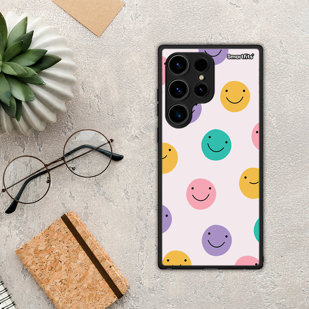 Θήκη Samsung Galaxy S24 Ultra Smiley Faces από τη Smartfits με σχέδιο στο πίσω μέρος και μαύρο περίβλημα | Samsung Galaxy S24 Ultra Smiley Faces Case with Colorful Back and Black Bezels