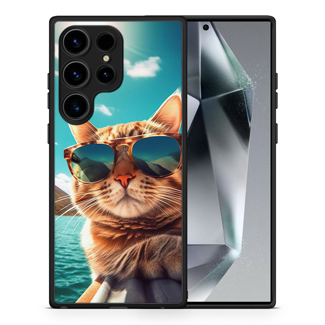 Θήκη Samsung Galaxy S24 Ultra Summer Cat από τη Smartfits με σχέδιο στο πίσω μέρος και μαύρο περίβλημα | Samsung Galaxy S24 Ultra Summer Cat Case with Colorful Back and Black Bezels