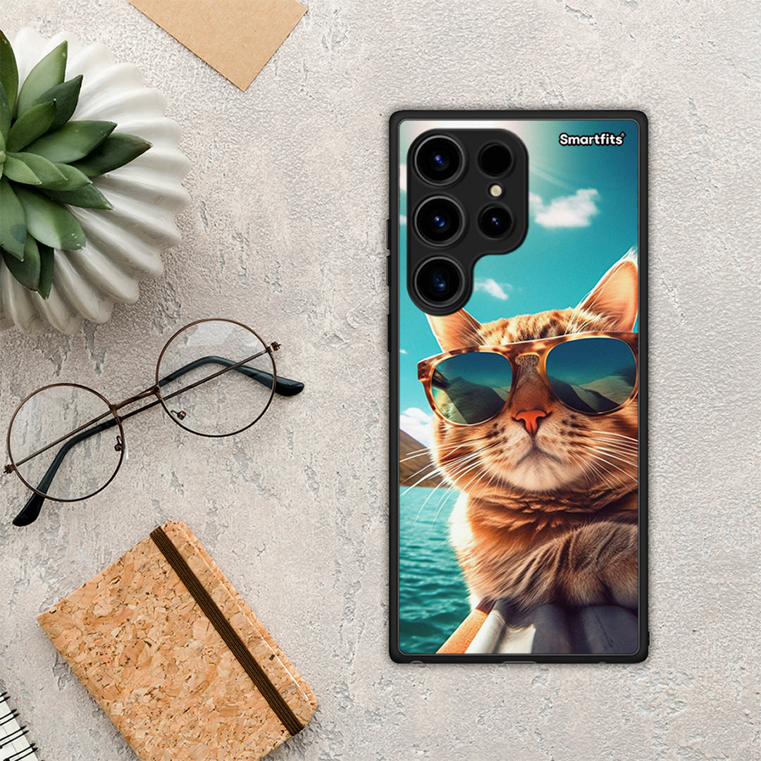 Θήκη Samsung Galaxy S24 Ultra Summer Cat από τη Smartfits με σχέδιο στο πίσω μέρος και μαύρο περίβλημα | Samsung Galaxy S24 Ultra Summer Cat Case with Colorful Back and Black Bezels