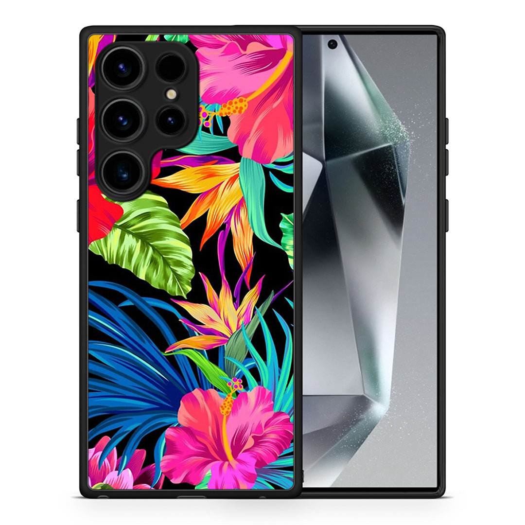 Θήκη Samsung Galaxy S24 Ultra Tropical Flowers από τη Smartfits με σχέδιο στο πίσω μέρος και μαύρο περίβλημα | Samsung Galaxy S24 Ultra Tropical Flowers Case with Colorful Back and Black Bezels