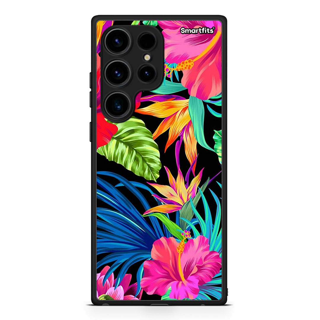 Θήκη Samsung Galaxy S24 Ultra Tropical Flowers από τη Smartfits με σχέδιο στο πίσω μέρος και μαύρο περίβλημα | Samsung Galaxy S24 Ultra Tropical Flowers Case with Colorful Back and Black Bezels