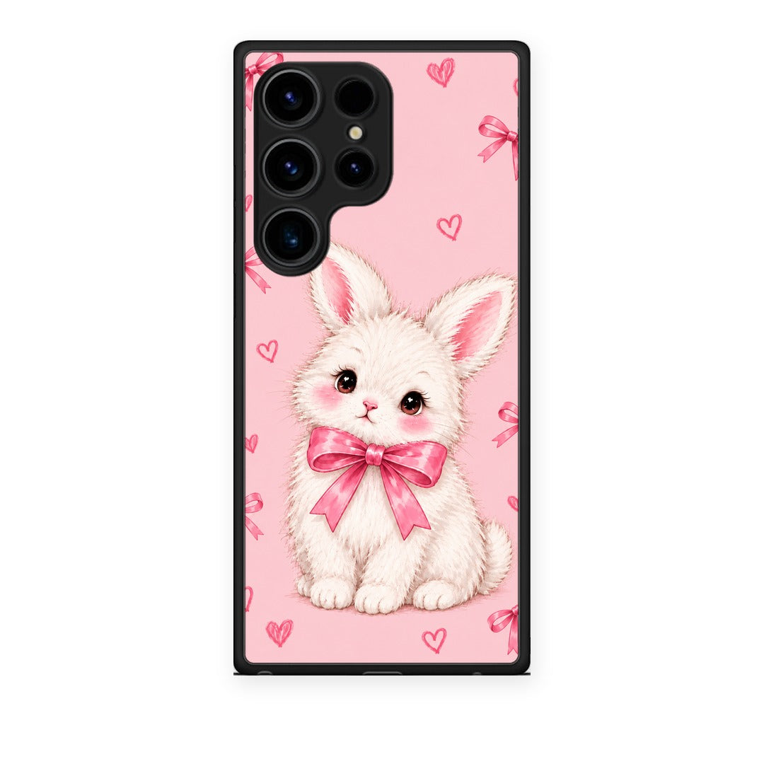 Θήκη Samsung Galaxy S24 Ultra White Bunny and Pink Bows από τη Smartfits με σχέδιο στο πίσω μέρος και μαύρο περίβλημα | Samsung Galaxy S24 Ultra White Bunny and Pink Bows case with colorful back and black bezels