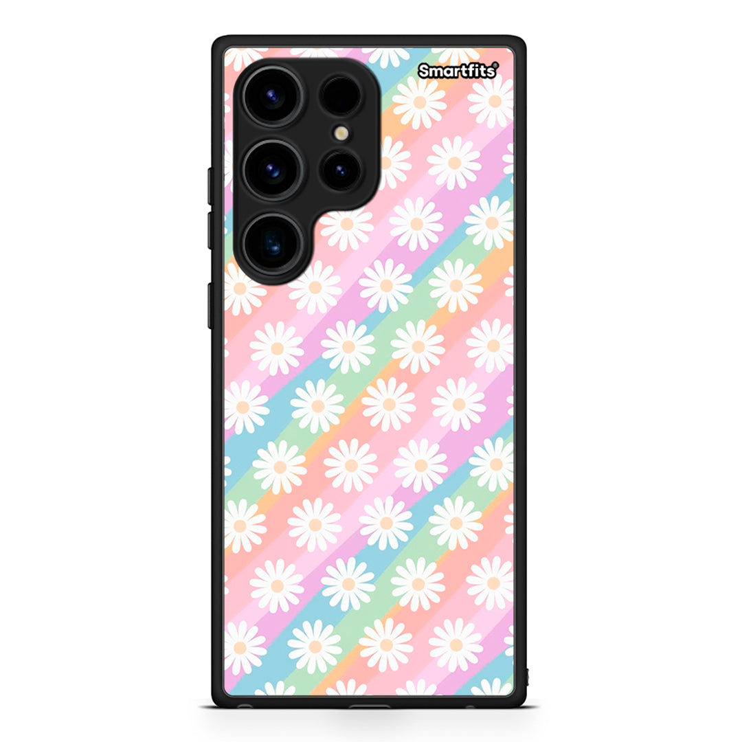 Θήκη Samsung Galaxy S24 Ultra White Daisies από τη Smartfits με σχέδιο στο πίσω μέρος και μαύρο περίβλημα | Samsung Galaxy S24 Ultra White Daisies Case with Colorful Back and Black Bezels