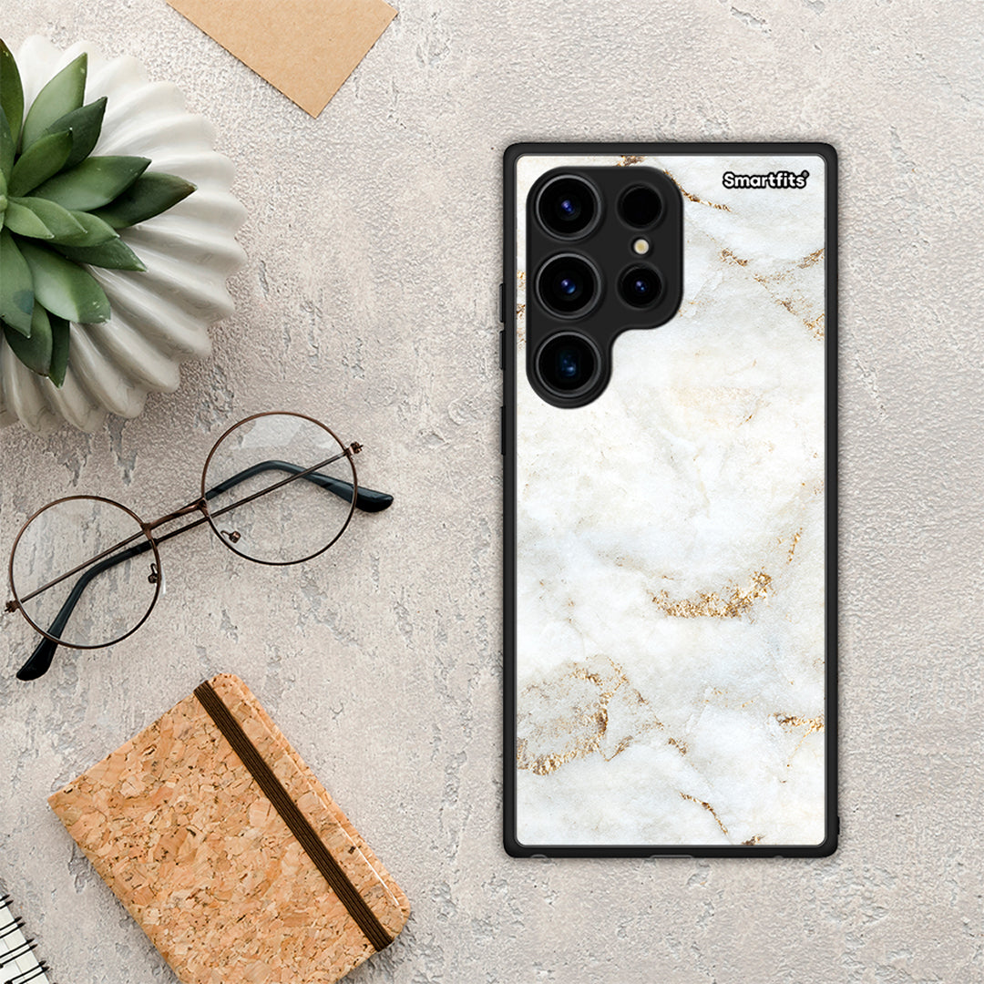 Θήκη Samsung Galaxy S24 Ultra White Gold Marble από τη Smartfits με σχέδιο στο πίσω μέρος και μαύρο περίβλημα | Samsung Galaxy S24 Ultra White Gold Marble Case with Colorful Back and Black Bezels