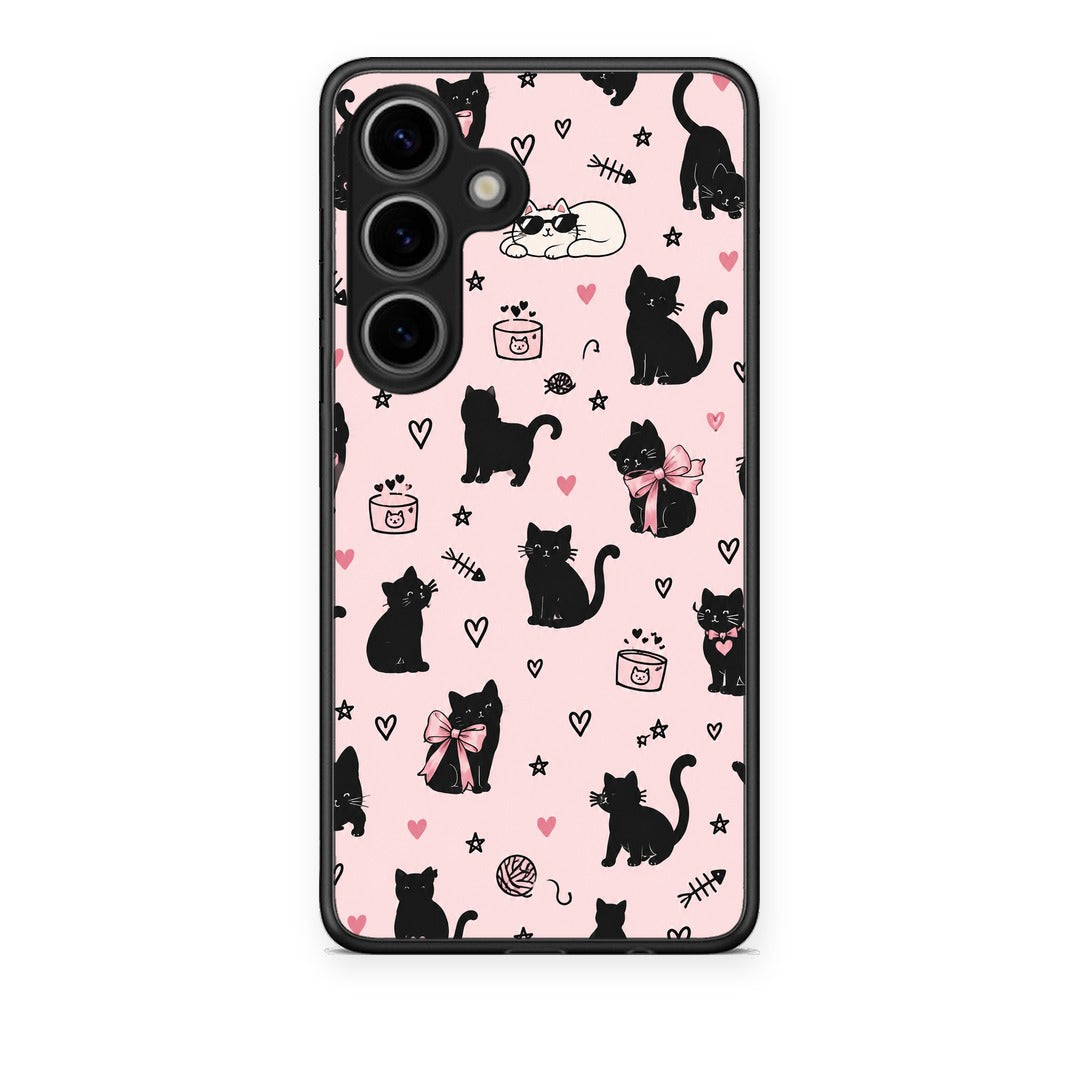 Θήκη Samsung Galaxy S25 Black Cat Doodles on Pink από τη Smartfits με σχέδιο στο πίσω μέρος και μαύρο περίβλημα | Samsung Galaxy S25 Black Cat Doodles on Pink case with colorful back and black bezels