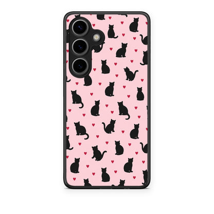 Θήκη Samsung Galaxy S25 Black Cat Silhouettes and Hearts on Pink από τη Smartfits με σχέδιο στο πίσω μέρος και μαύρο περίβλημα | Samsung Galaxy S25 Black Cat Silhouettes and Hearts on Pink case with colorful back and black bezels