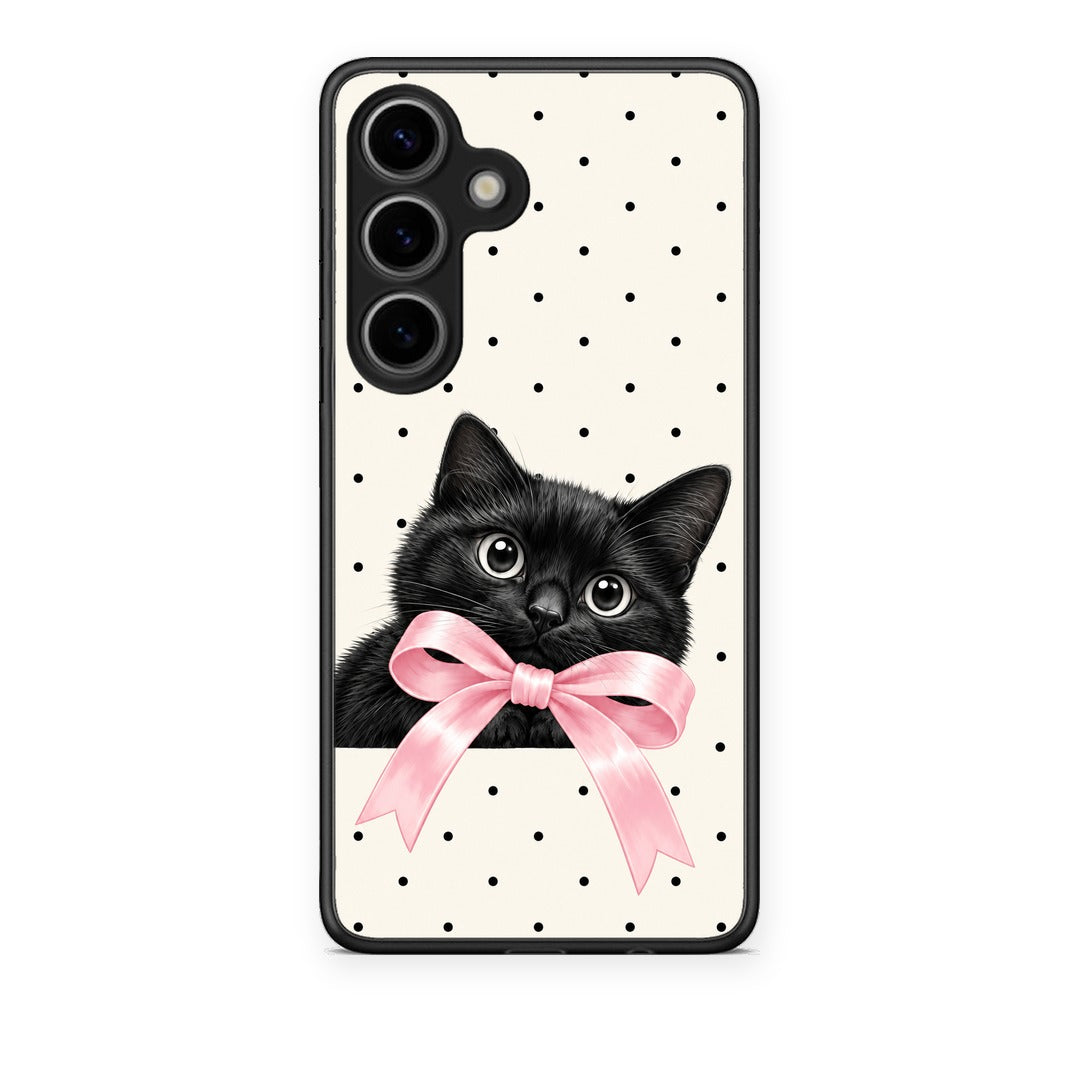 Θήκη Samsung Galaxy S25 Black Kitten Pink Bow and Polka Dots από τη Smartfits με σχέδιο στο πίσω μέρος και μαύρο περίβλημα | Samsung Galaxy S25 Black Kitten Pink Bow and Polka Dots case with colorful back and black bezels