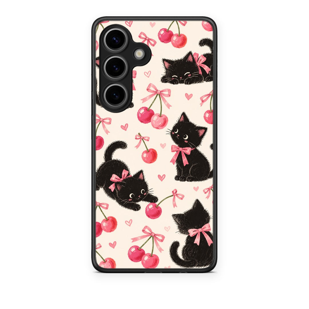 Θήκη Samsung Galaxy S25 Black Kittens and Cherries on Cream από τη Smartfits με σχέδιο στο πίσω μέρος και μαύρο περίβλημα | Samsung Galaxy S25 Black Kittens and Cherries on Cream case with colorful back and black bezels