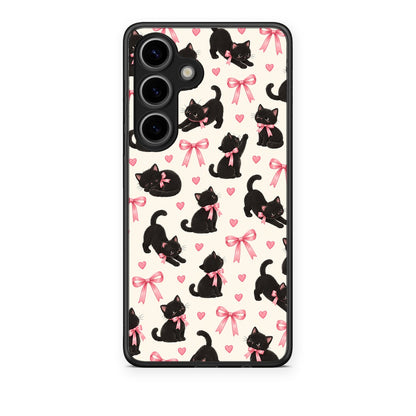 Θήκη Samsung Galaxy S25 Black Kittens and Pink Bows on Cream Small από τη Smartfits με σχέδιο στο πίσω μέρος και μαύρο περίβλημα | Samsung Galaxy S25 Black Kittens and Pink Bows on Cream Small case with colorful back and black bezels