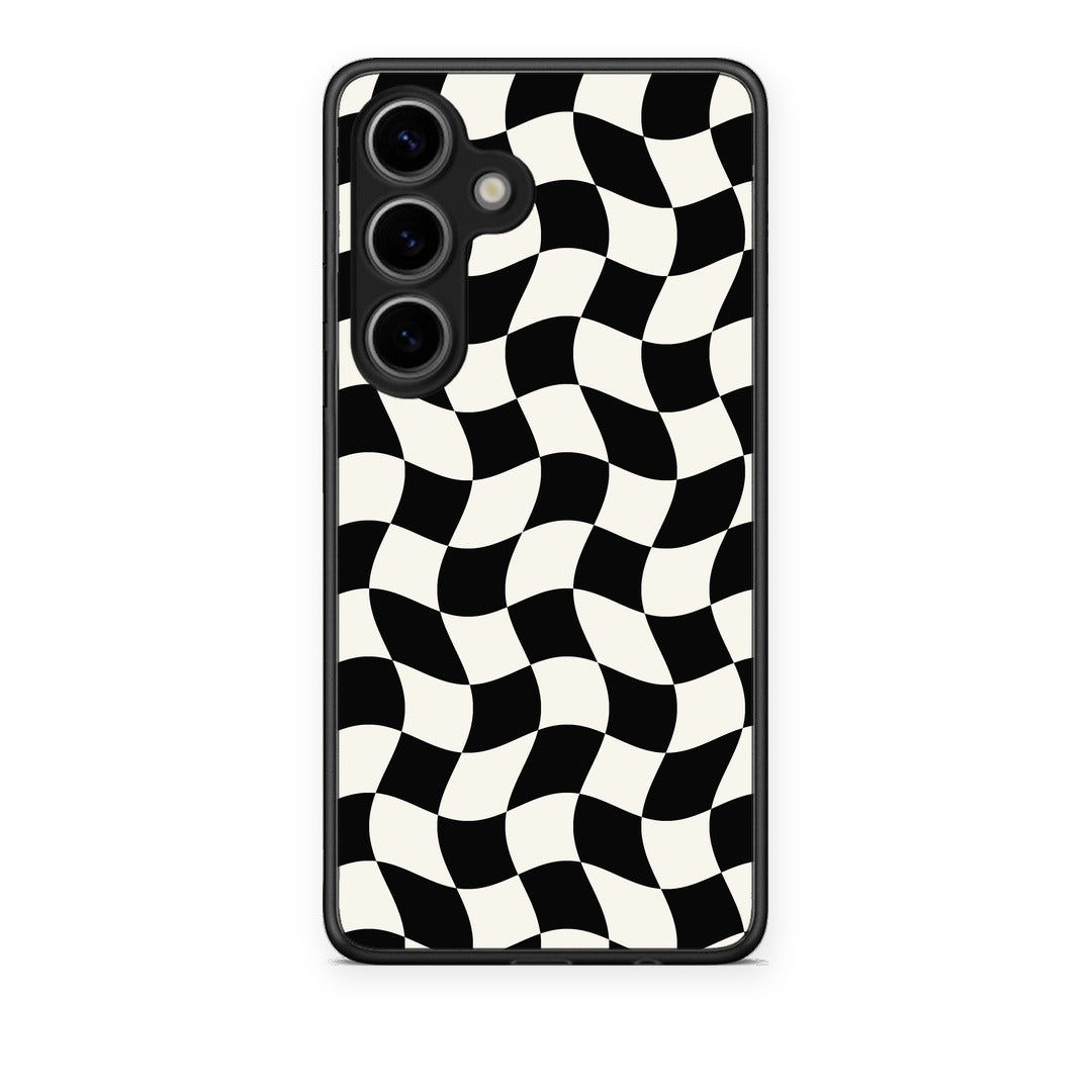 Θήκη Samsung Galaxy S25 Black and Cream Wavy Checkerboard από τη Smartfits με σχέδιο στο πίσω μέρος και μαύρο περίβλημα | Samsung Galaxy S25 Black and Cream Wavy Checkerboard case with colorful back and black bezels